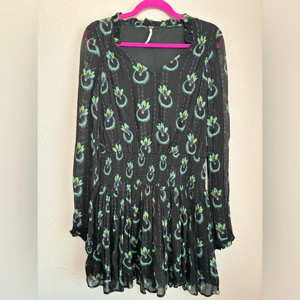 Free People Black Wild Horses Peacock Print Boho Long Sleeve Flounce Hem Dress M